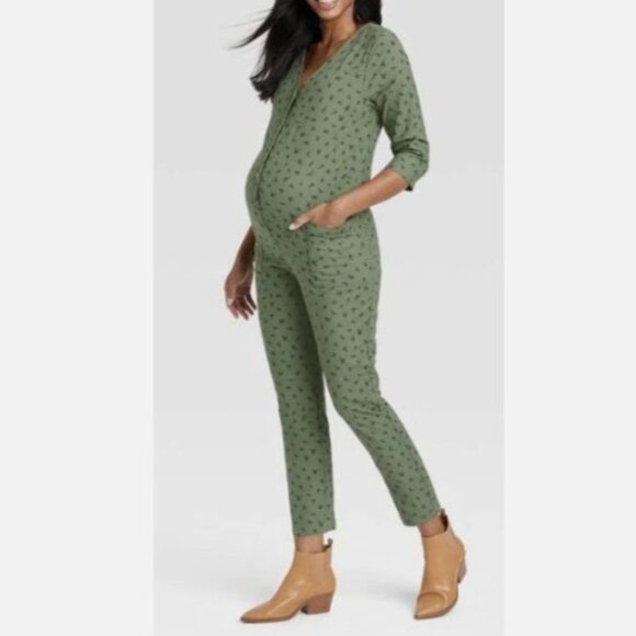 The Nines By Hatch Maternity Jumpsuit Large Green New WOT Floral Pattern Vneck - Picture 1 of 9
